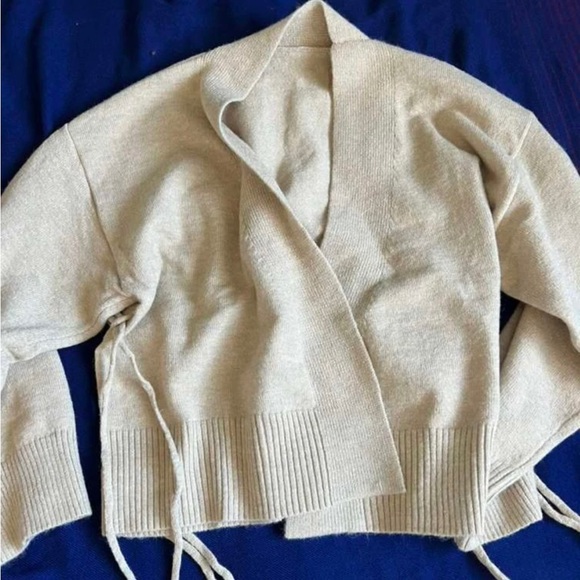 Oatmeal Beige Knit Kimono Sweater Tie Belt Boxy Loose Fit Drop Shoulder Wrap - Picture 11 of 12